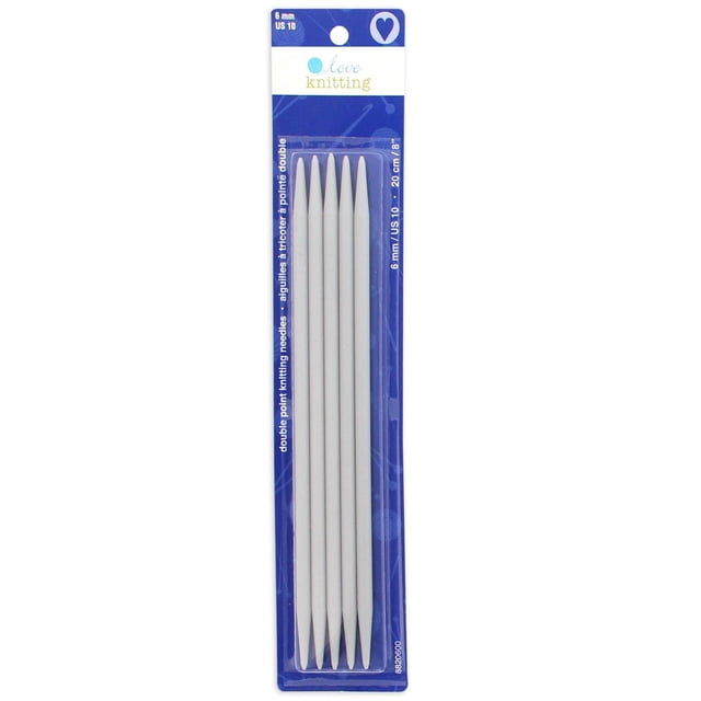 Love Knitting 8" Double Point Knitting Needles - 5 pieces, 6 mm US 10 size, white double-pointed needles with smooth finish on blue branded packaging, designed for circular knitting projects such as gloves, mittens, and socks, also suitable for fine tube knitting techniques.
