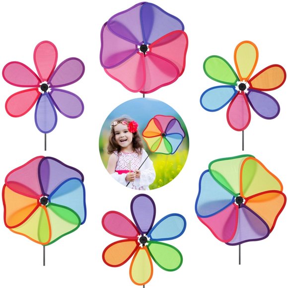 6 Pcs Toupies à Vent pour Fleurs, Toupies à Vent Arc-en-Ciel pour Jardin, Jouets Toupies à Fleurs 3D, Moulins à Vent en Tissu Colorés de 10,4 Pouces pour Déco Extérieure de Pelouses, Fêtes dans la Cour, Mariages