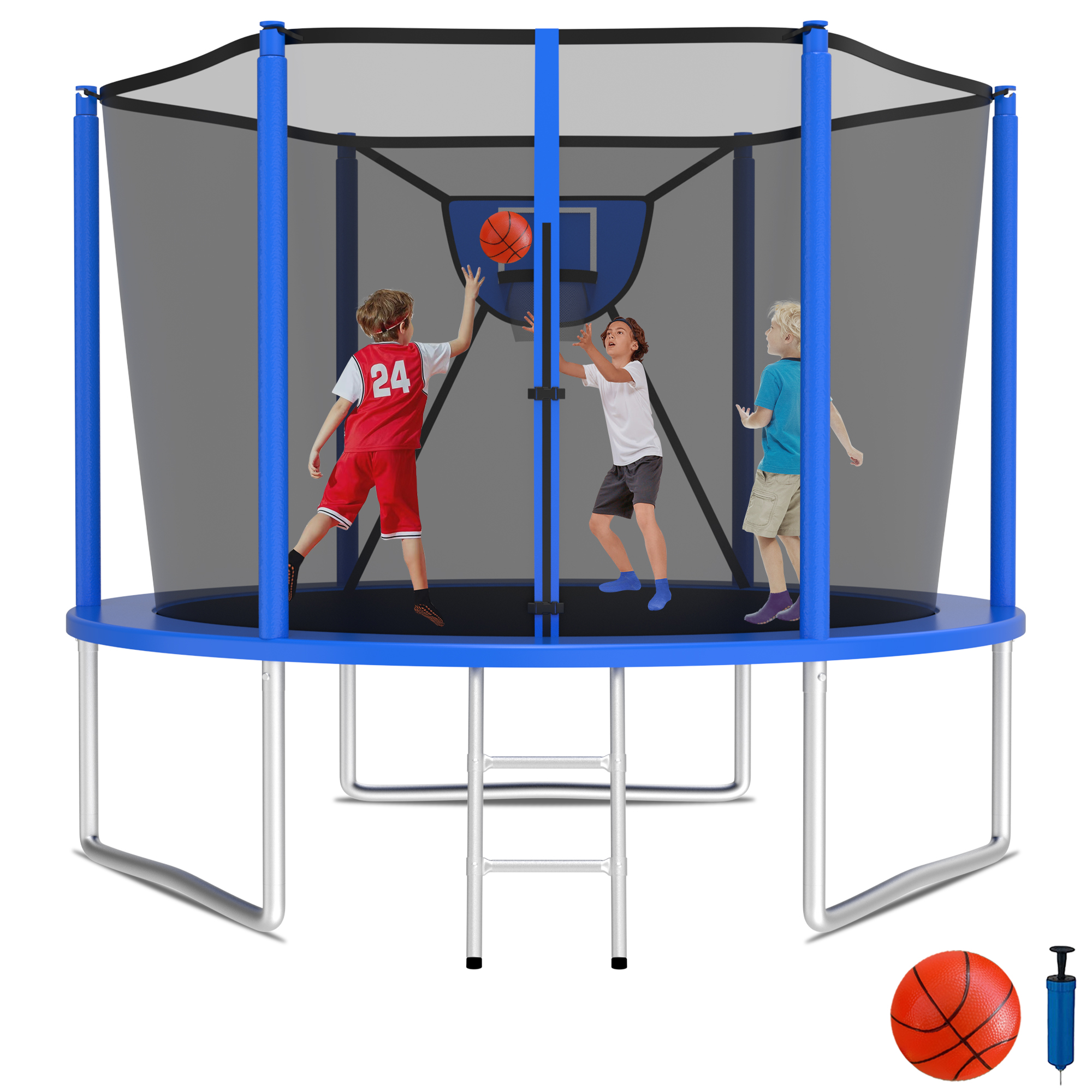 KOFUN 1000LBS 10FT Trampoline for Kids and Adults Outdoor Backyard Trampoline with Safety Enclosure Net, Removable Basketball Hoop, Ladder, A Ball, Blue