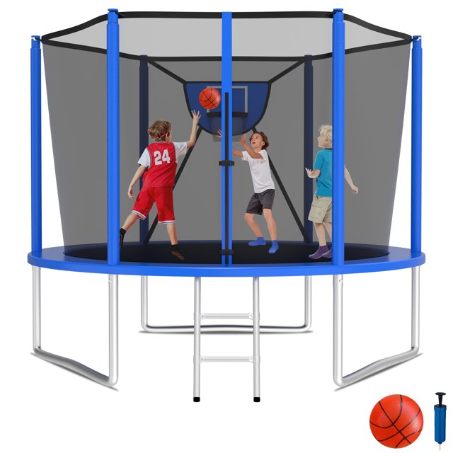 KOFUN 1000LBS 10FT Trampoline for Kids and Adults Outdoor Backyard Trampoline with Safety Enclosure Net, Removable Basketball Hoop, Ladder, A Ball, Blue