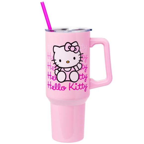 Silver Buffalo Sanrio Hello Kitty Waving Double Walled Stainless Steel Tumbler with Handle and Straw, Fits in Standard Cup Holder, 40 Ounces