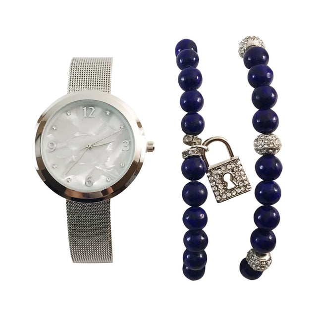 Ladies Silvertone Watch and Bracelet Set with a 35mm silvertone mesh bracelet watch featuring a white mother of pearl dial and quartz movement, paired with two stretch lapis semi-precious look bead bracelets accented with silver and crystal lock and bead charms, ideal for everyday wear or gifting.