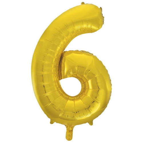 Gold Number 6 Shaped Foil Balloon 34" showing a front-facing inflated gold foil balloon shaped like the number 6, measuring 34 inches tall with a reflective metallic surface and self-sealing valve, ideal for birthday or anniversary party decorations and photo booth use.