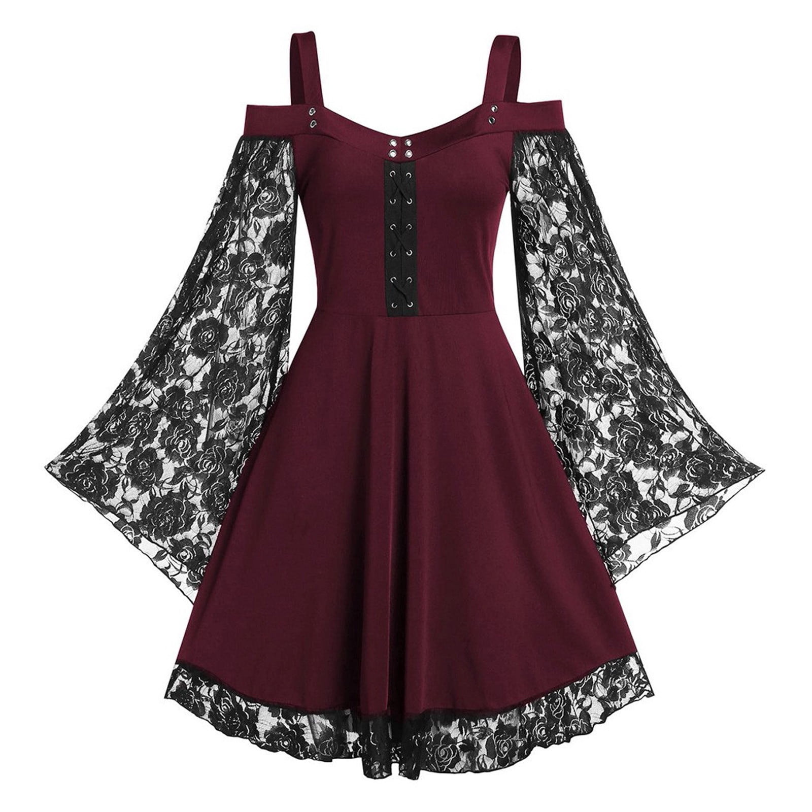Robes de Cocktail et de Fête Aqestyerly Mode Aguichant Femmes Patchwork Crâne Dentelle à Empiècements Manches Longues Robe de Fête Vintage