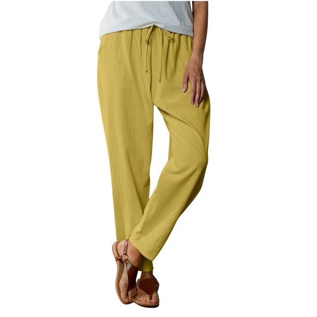 Summer Clearance! Womens Plus Size Pants,Summer Pants for Womens,Women's Solid Color Cotton Linen Waist Elastic Drawstring With Pocket Pants Long Pants