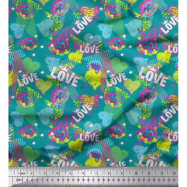 Soimoi Green Cotton Duck Fabric Text,Lips & Heart Print Fabric by Yard 42 Inch Wide