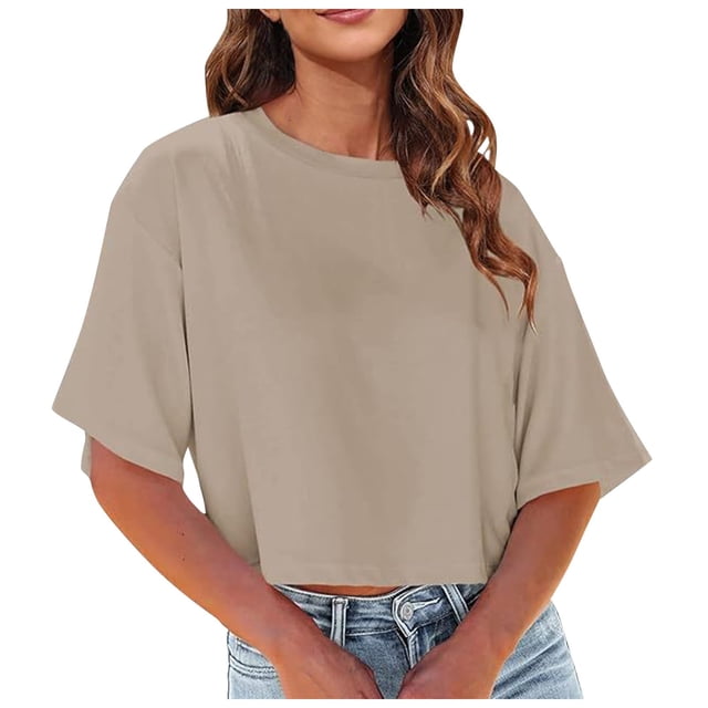 Fgnfyis T-Shirts Courts à Col Rond pour Femmes, Manches Courtes, Épaules Dénudées, Hauts Courts, T-Shirts pour Femmes, Kaki, G