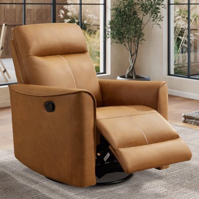 Bonzy Home Swivel Rocker Recliner Chair, Manual PU Leather Recliners with Padded Armrest and Backrest, Nursery Rocking Reclining Chair for Living Room, Bedroom, Brown