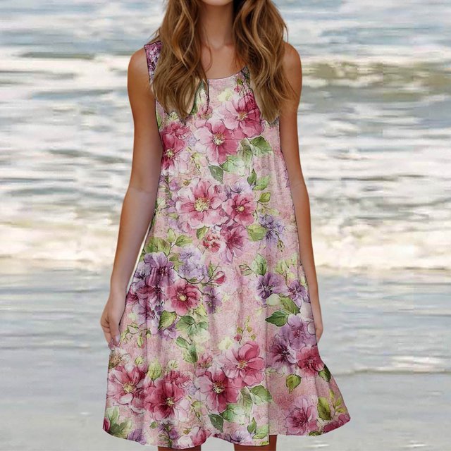 Ovzne Robes pour Femmes Robe pour Femme Mode pour Femmes Vacances Été Couleur Unie Sans Manches Fête Plage Robe d'Été Imprimée Liquidation