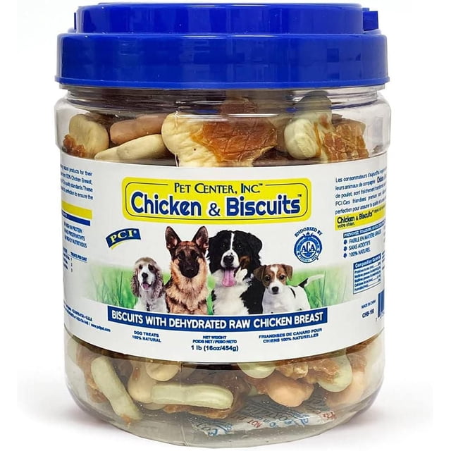 Pet Center Gâterie pour Chiens au Poulet et Biscuits, Pot Refermable de 1 lb avec Biscuits pour Chiens Croquants en Forme d'Os Enrobés de Poitrine de Poulet Crue Déshydratée, avec Couvercle Bleu et Étiquette, avec images de Quatre Races de Chiens et Détails du Produit, Idéal pour l'Entraînement des Chiens de Toutes Tailles.