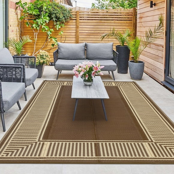 HIWEAVER 9' x 12' Brown Outdoor Rug PP Plastic Straw Woven Waterproof Patio Rug with Border Portable Outside Carpet for Balcony Deck Picnic Garden Decor