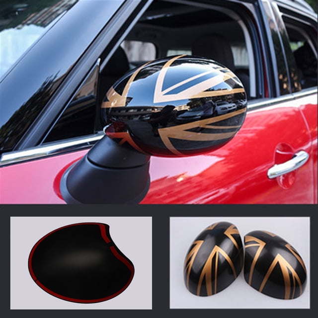 2x Union Jack UK Flag Mirror Covers for MINI Cooper R55 R56 R57 in black and gold, designed for Auto Powerfolding mirrors. Made from durable automotive-grade ABS plastic, these replacement mirror covers feature a glossy Union Jack pattern and are easy to install with pre-applied double-sided tape. Shown on a red Mini Cooper, the covers add a stylish touch to the vehicle. Additional images highlight the sleek finish and compatibility with various Mini Cooper models.