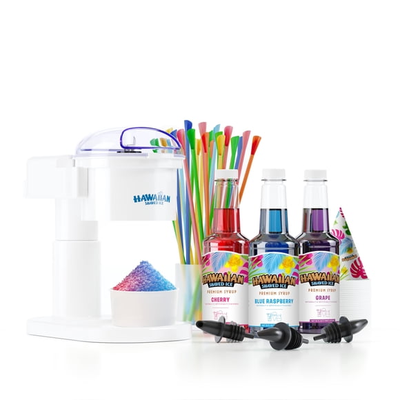 Hawaiian Shaved Ice S700 Kid-Friendly Snow Cone Machine Kit with 3-16oz. Syrup Flavors: Cherry, Grape, and Blue Raspberry, Plus 25 Snow Cone Cups, 25