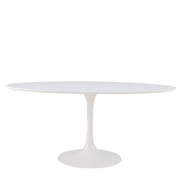 Plata Import Oval Shiny MDF Table in White with a 66-inch wide oval MDF top and a semi-gloss finish, supported by a white cast aluminum pedestal base, measuring 30 inches high and 36 inches deep, suitable for modern kitchen and dining rooms.