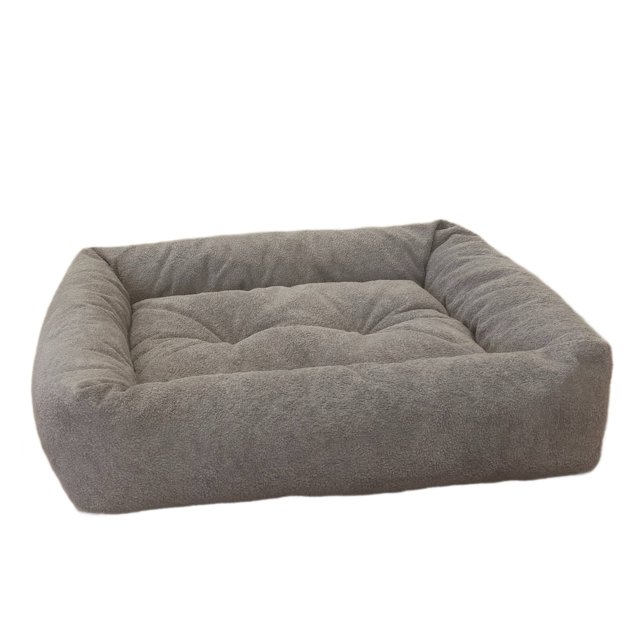 DecoraPet Medium Heavenly Lounger, Cafe, a rectangular dog pillow bed with raised oval bolsters and circular tufting on the center cushion, upholstered in durable cafe-coloured fabric with a zippered removable cover and filled with high-memory polyester fibre for support, suitable for dogs that like to dig or chew.