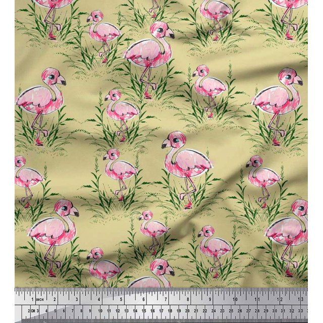 Soimoi Beige Velvet Fabric Grass & Flamingo Bird Fabric Prints By Yard 58 Inch Wide