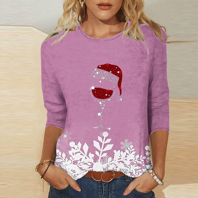 Meichang T-Shirts à Manches 3/4 pour Femmes de Noël avec Verre de Vin, T-Shirts Graphiques Décontractés à Col Rond, Chandail à Enfiler Coupe Ample, Hauts des Fêtes en Liquidation, Cadeaux de Noël