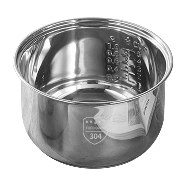 Stainless Steel Inner Pot Replacement for Multi-Functional Rice Cookers, featuring durable construction and a polished finish. This universal rice cooker liner is heavy-duty with 1.5mm thickness, dishwasher-safe, and suitable for multi-use cooking, including rice, grains, soups, stews, and steaming. Visible measurement markings enhance precision in cooking.