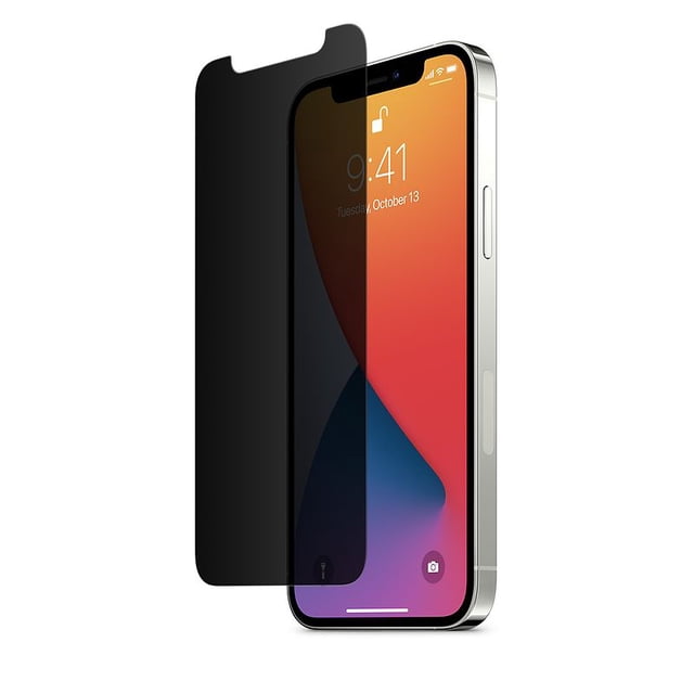 PANDACO Protecteur d'Écran en Verre Trempé Ultra Mince pour iPhone 12 Pro Max Montré Partiellement Appliqué à l'Écran du Téléphone. la Conception de Confidentialité Assombrit l'Écran Lorsqu'il Est Vu sous un angle, Tout en Conservant un Toucher Délicat, Résistant aux Bavures et aux Bris.