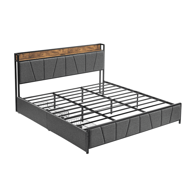 Modern King Upholstered Platform Bed Frame with Storage Headboard, 2 Drawers, Charging Station & USB Ports, Heavy Duty, Noise-Free, No Box Spring Needed, Easy Assembly – Heather Gray, KING