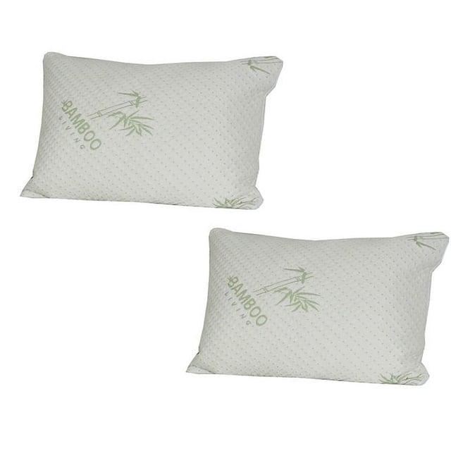 2 Piece Set Waterproof Pillow Protector by Nola Home & Furniture, featuring bamboo blend hypoallergenic zippered encasements. The queen-size pillow protectors, measuring 21x30 inches, are designed to protect against fluids, dust mites, bacteria, and allergens. Made from a 40% bamboo rayon and 60% polyester blend with a polyurethane backing for waterproof and noiseless protection. The white fabric has a subtle dotted texture with green bamboo illustrations and text. Suitable for machine washing and tumble drying on low.