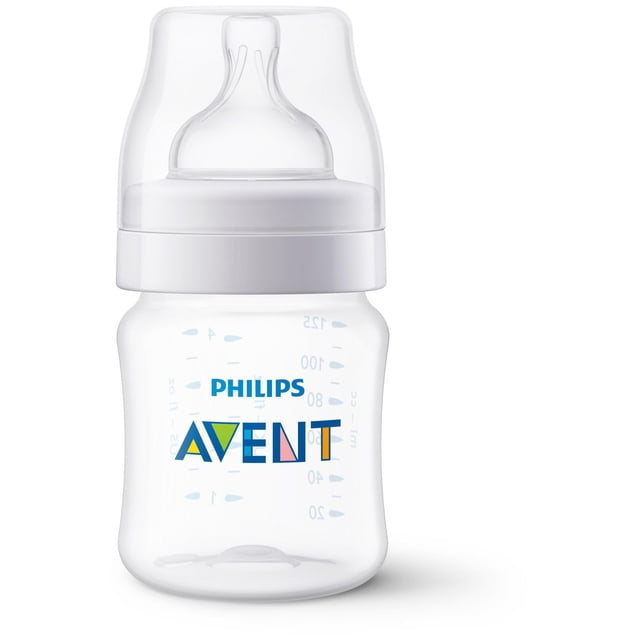 Philips Avent Anti-colic Baby Bottle 4oz with clear BPA-free plastic body, white screw-on cap, and transparent nipple featuring an integrated anti-colic valve, blue measurement markings, and colorful Avent logo, designed to reduce colic and gas and easy to clean.
