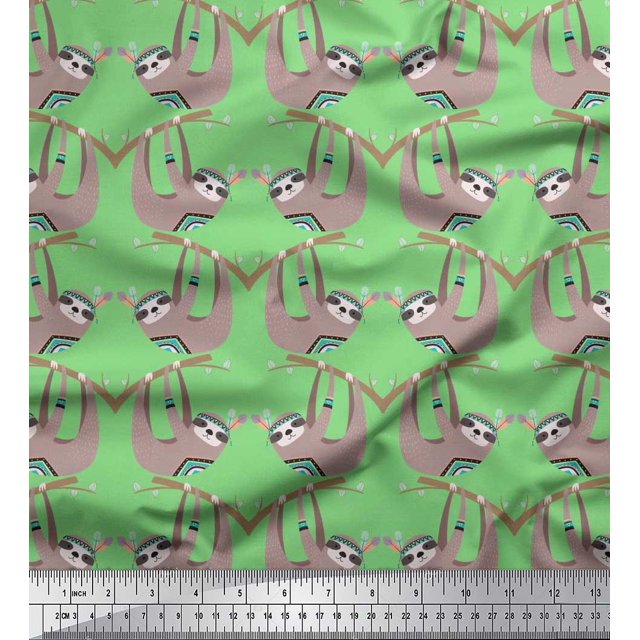 Soimoi Viscose Chiffon Fabric Feather,Branch & Sloth Cartoon Printed Fabric 1 Yard 42 Inch Wide