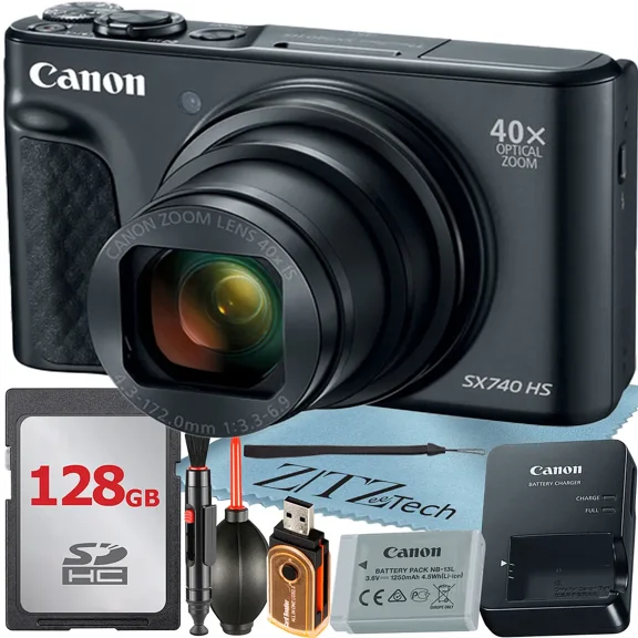 Canon PowerShot SX740 HS Digital Camera (Black) with 40x Optical Zoom Lens + 128GB Memory Card + Cleaning Pen + ZeeTech Starter Bundle