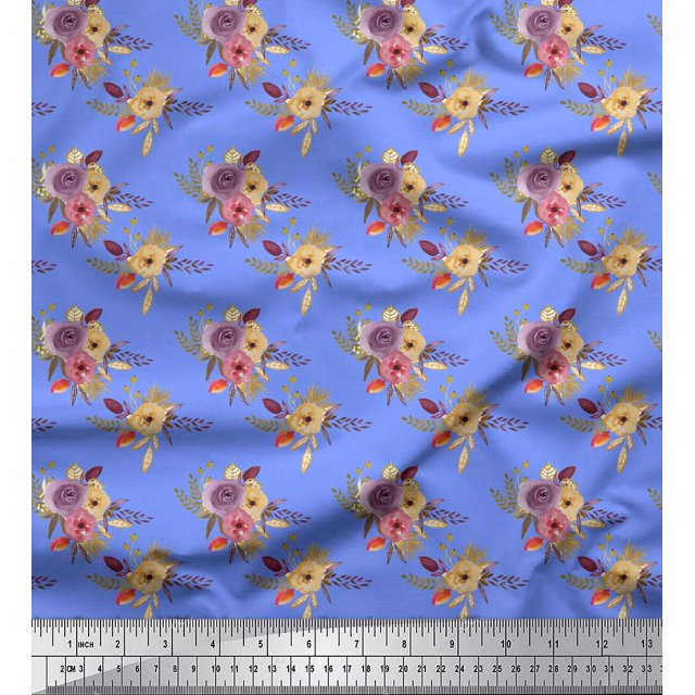 Soimoi Blue Cotton Cambric Fabric Leaves & Ranunculus Floral Decor Fabric Printed Yard 42 Inch Wide