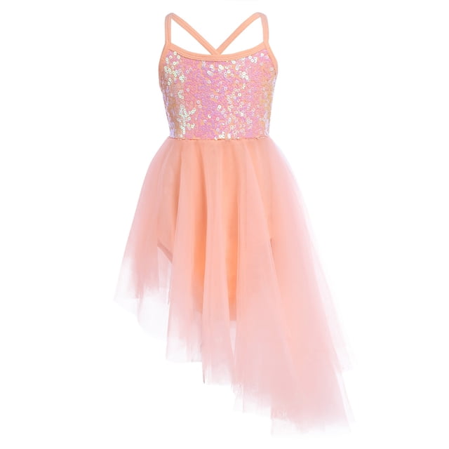 Oyolan Camisole à Sequins pour Filles, Robes de Danse Ballet, Jupe Tutu Orange 4-5