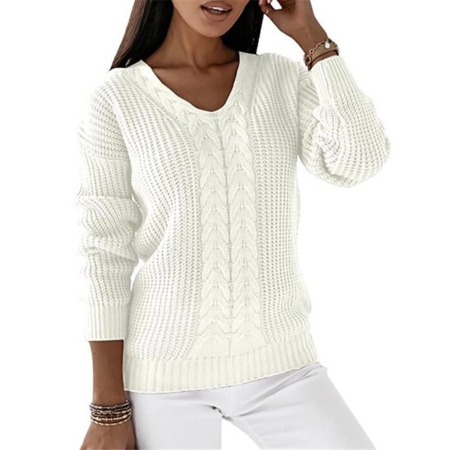 LUXUR Women Chunky Knitted Sweaters Knitwear Chic Pullover White M