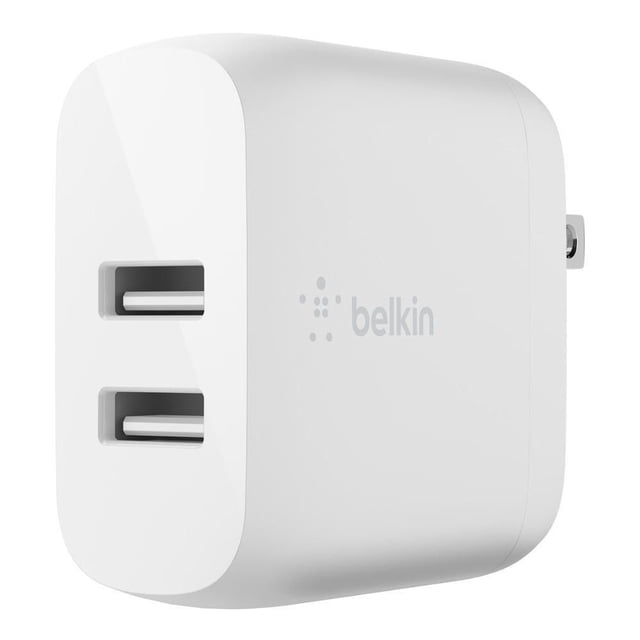 Belkin Chargeur Mural USB 24 W à Double Port Charger en Blanc avec Deux ports USB-A et Prise Pliable, Bloc de Charge Rectangulaire compact avec Bords Arrondis et logo Belkin, Conçu pour la Recharge Rapide des Téléphones Intelligents et des Tablettes, Idéal pour les Voyages et l'Usage Quotidien.