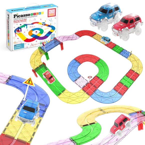 PicassoTiles Tuiles Magnétiques Piste de Course Voiture Jouet Palpitant Coffret de Jeu Comprend 2 Camions de Course STIM Éducatif Aimant Tile Bloc de Construction Construction Se
