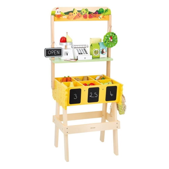 Janod - Marchand de marché fermier - Station de vente en bois - 58 accessoires - Jouet de développement - Apprentissage précoce - Découverte pour enfants et tout-petits - À partir de 3 ans + - Multili