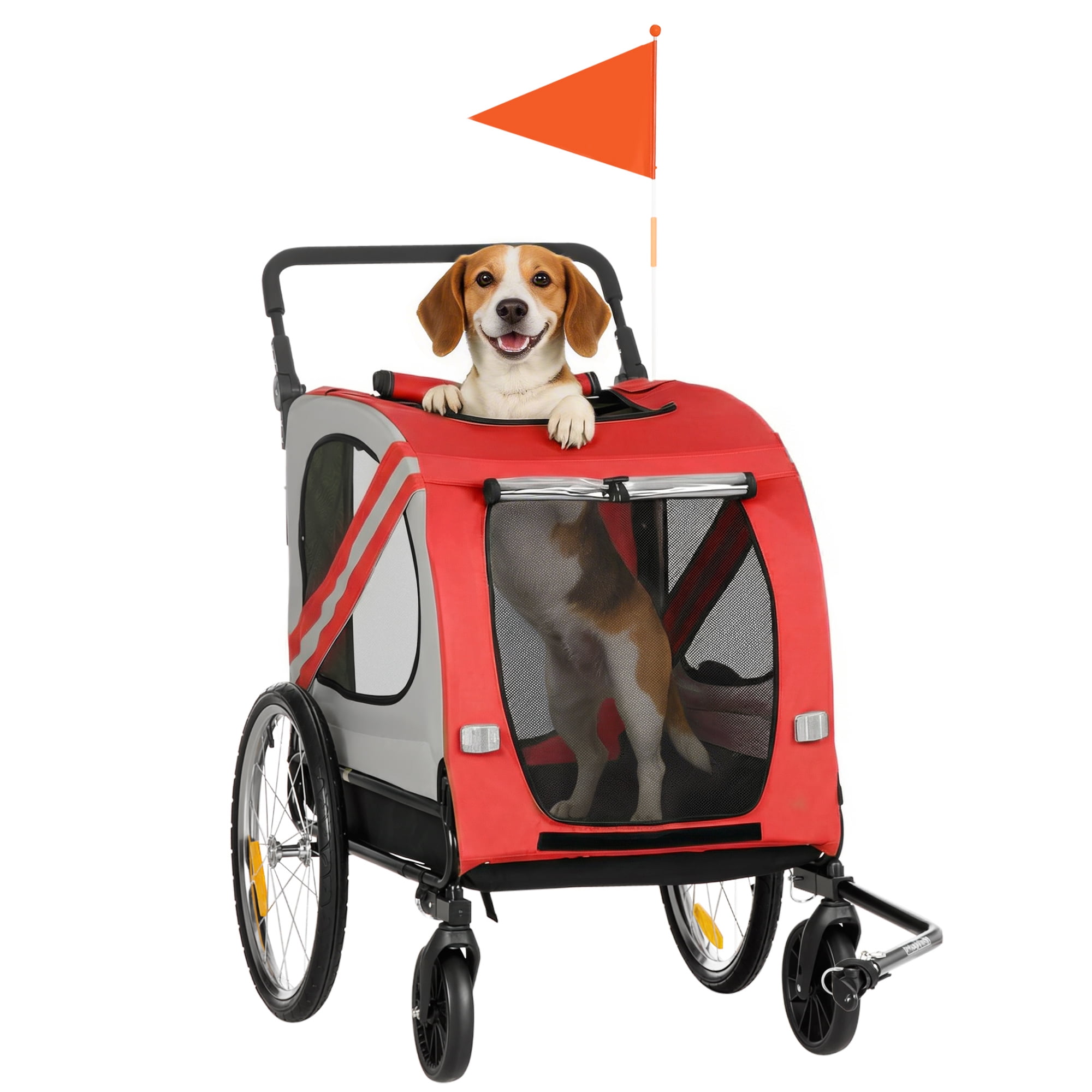 Aosom Remorque pour Vélo pour Chien, Chariot pour Chien 2-en-1 Poussette pour Animal de Compagnie pour Voyage avec Roues Universelles Réflecteurs Drapeau, pour Petits et Moyens Chiens, Rouge