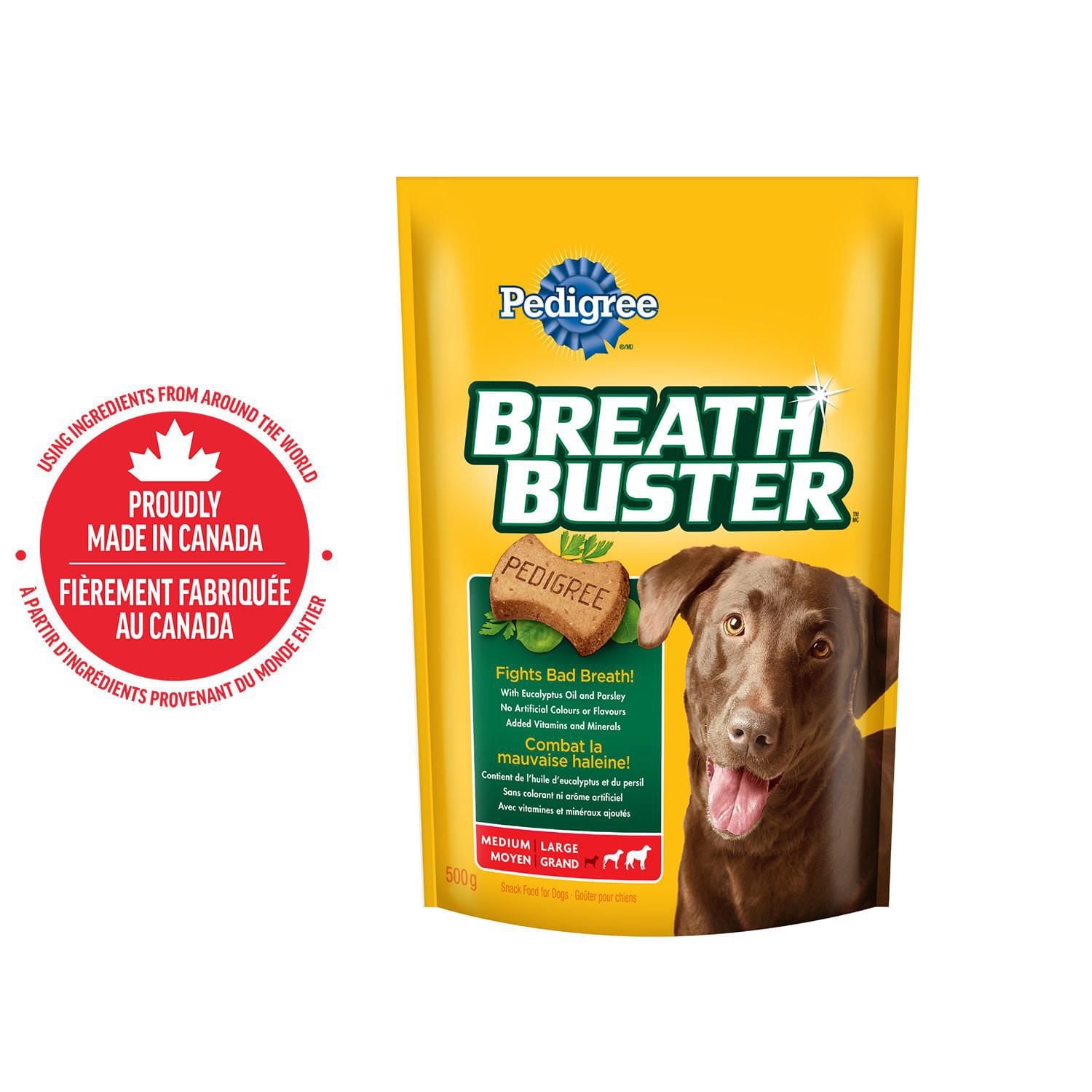 PEDIGREE Breathbuster Dog Treats, Dog Breath Freshener, Crunchy Biscuits with Eucalyptus Oil and Parsley, Medium & Large Adult Dogs, 500g Pouch
