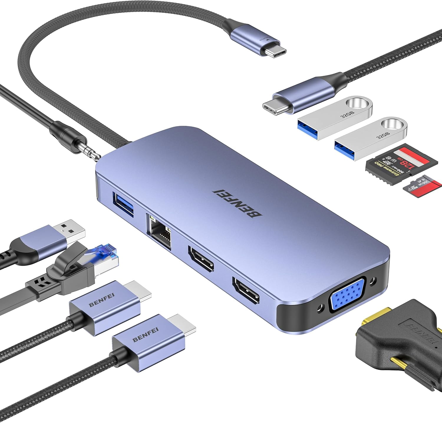 BENFEI HUB USB C 11-en-1 Station d'accueil Triple Affichage Double HDMI, VGA, 3*USB 3.0, Ethernet 1Gbps, Alimentation 100W, Lecteur de carte SD/TF, Audio AUX 3.5mm Compatible avec MacBook XPS Surface