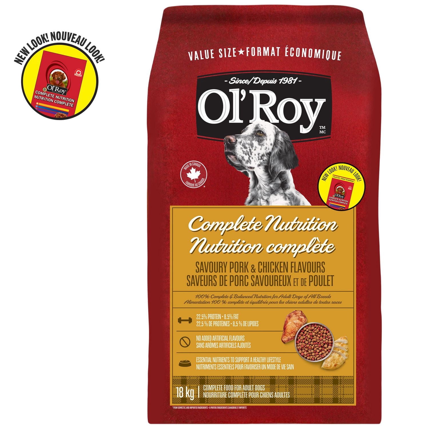 Ol'Roy Complete Nutrition Savoury Pork & Chicken Flavours Dry Dog Food 100% Complete & Balanced Nutrition for Adult Dogs of All Breeds 18KG