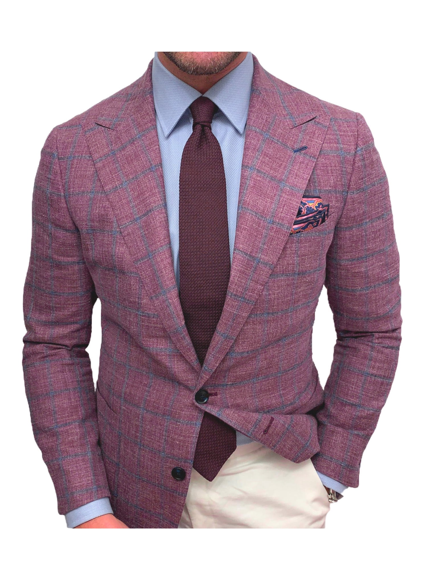 Faithtur Men's Blazer Plaid/Plain Color Lapel Long Sleeve Button Suit Coat