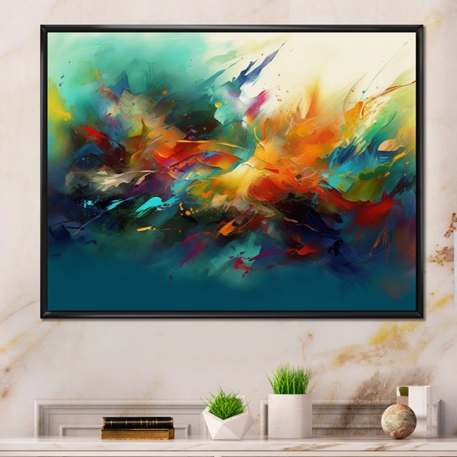 Designart Abstract Marble framed wall art decor, Marble framed wall decor, Transcendent Liquid Ink Orange and Blue I , Orange Modern black framed wall art, 32x24 inches black frame