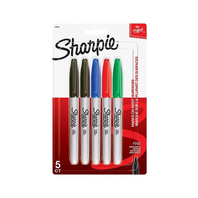 Sharpie Permanent Markers, Fine Point, Assorted Colours, 5 Count