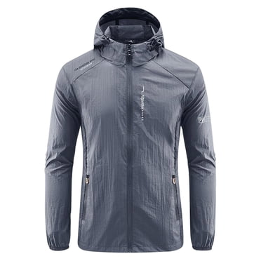 TIMIFIS Mens Jacket Waterproof with Hooded Hiking Coat Lightweight Windbreaker Zip Jacket Sun Protection Work Coat Windbreaker for Hiking Travel-Dark GrayFall