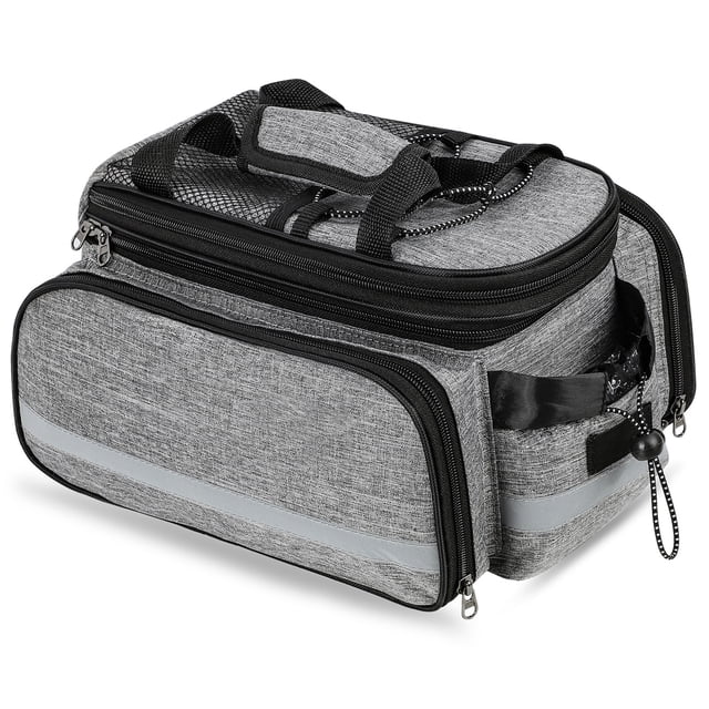 Bike Bags for Bicycles Rear Rack Bicycle Rear Rack Bag with ultra-stable hooks and large pockets, made of grey polyester material with reflective strips for visibility. Includes multiple zippered compartments, durable straps, and a compact design suitable for cycling touring, commuting, shopping, and bike storage.