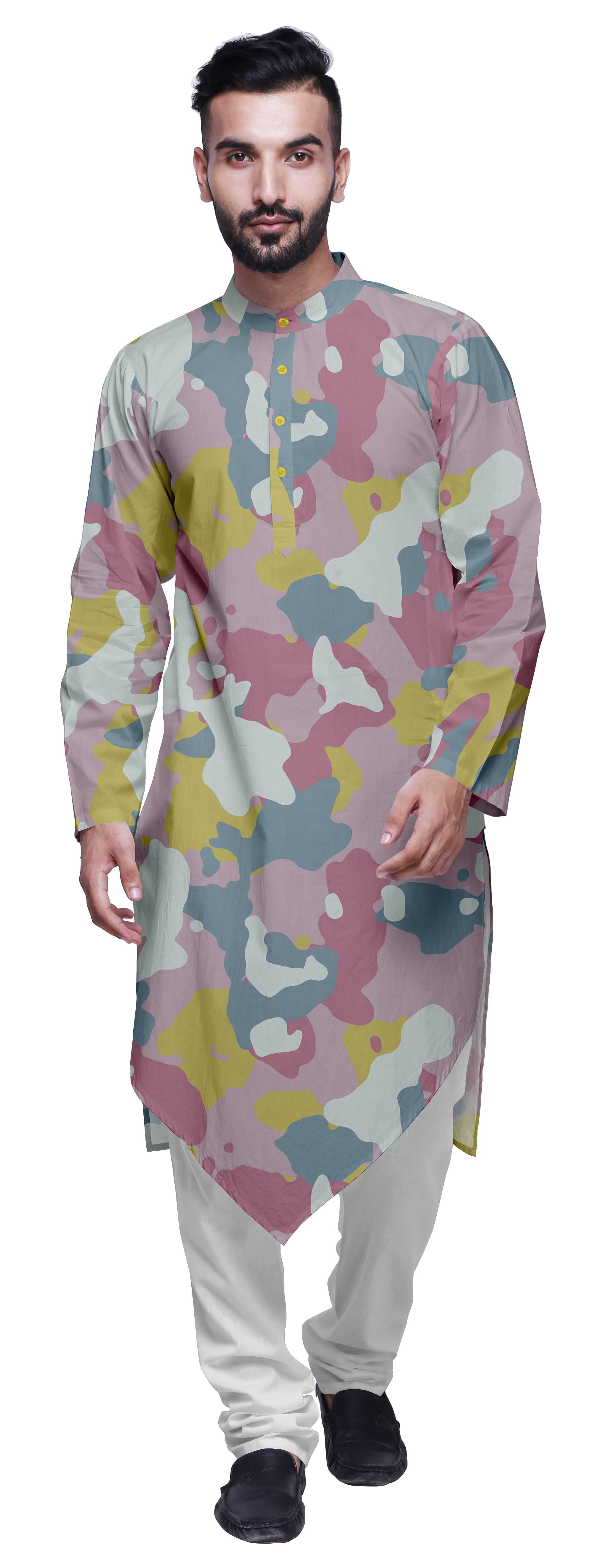 Atasi Kurta pour Homme en Coton Flex Imprimé Col Chinois Kurta Long pour Homme Chemise