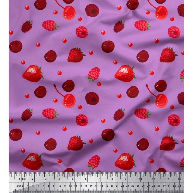 Soimoi Satin Silk Fabric Raspberry,Strawberry & Cherry Fruits Fabric Prints by Yard 42 Inch Wide