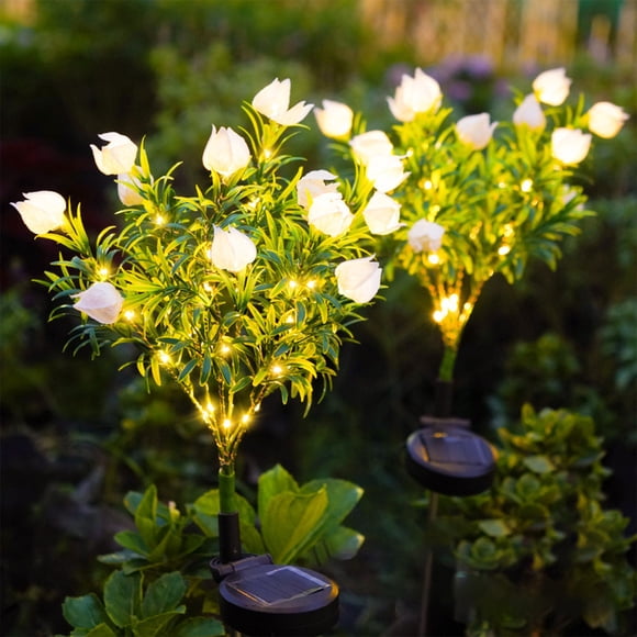 FHBVT Lumières DEL Solaires Gardenia Étanches à Énergie Solaire Allumage/extinction Automatiques Texture de Pétales Réaliste Lueur Douce et Chaude Piquet Écoénergétique pour Jardin Cour Sentier Mariage Fête Décoration de Paysage Extérieur
