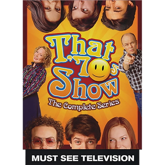 Cover art for 'That 70s Show: The Complete Series,' featuring a vibrant orange background with the title in bold, retro-style lettering and a smiley face icon. The design reflects the 1970s theme of the show. Manufactured by Mill Creek and distributed by Paramount Home Entertainment, this 24-disc set includes all eight seasons of the comedy series.