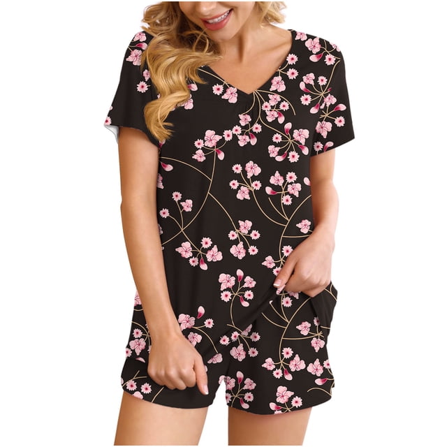 Ensemble de Pyjama d'Intérieur Confortable pour Femmes 2 Pcs, Col en V, Manches Courtes, Ensemble de Sport