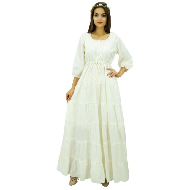 Bimba Robe Maxi d'Été en Coton à Manches 3/4 pour Femme, Taille à Cordon
