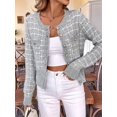 thumbnail image 4 of Femmes - Blazer à Carreaux Chic Décontracté Cardigan à Boutons devant Col Ras du Cou Manches Longues Vestes en Tricot Texturé Gris P, 4 of 9